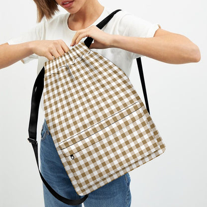Tan And White Gingham Pattern Print Drawstring Backpack