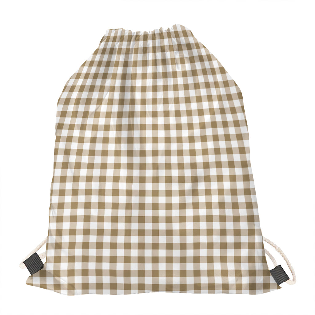 Tan And White Gingham Pattern Print Drawstring Bag