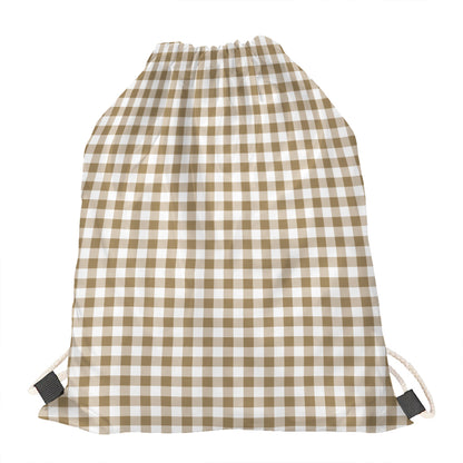 Tan And White Gingham Pattern Print Drawstring Bag