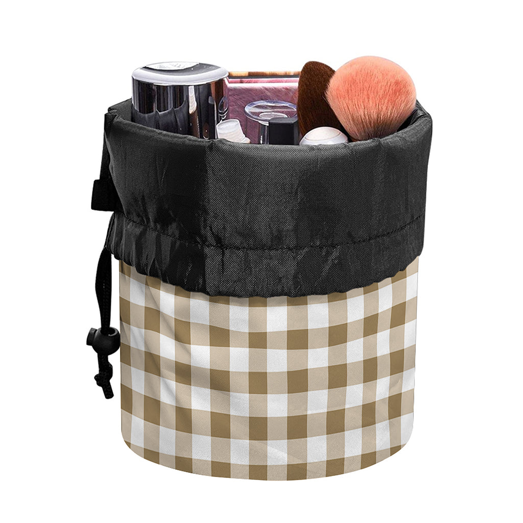 Tan And White Gingham Pattern Print Drawstring Makeup Bag