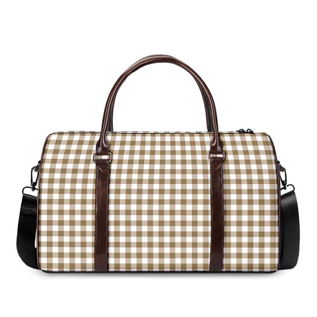 Tan And White Gingham Pattern Print Duffle Bag