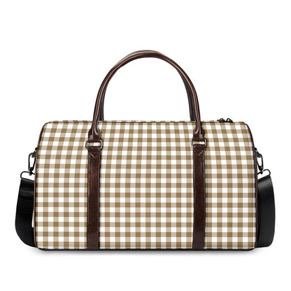 Tan And White Gingham Pattern Print Duffle Bag