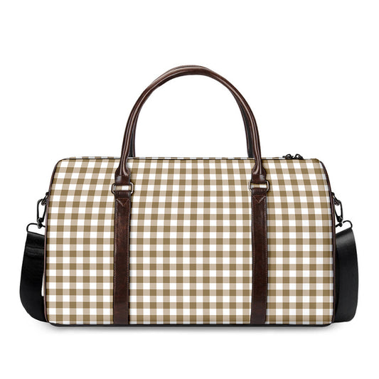 Tan And White Gingham Pattern Print Duffle Bag