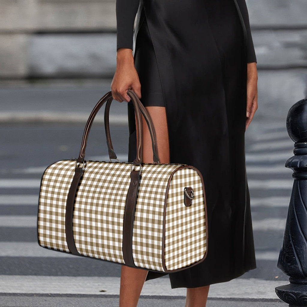 Tan And White Gingham Pattern Print Duffle Bag