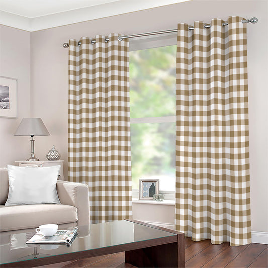 Tan And White Gingham Pattern Print Extra Wide Grommet Curtains