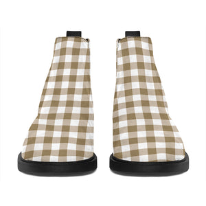 Tan And White Gingham Pattern Print Flat Ankle Boots