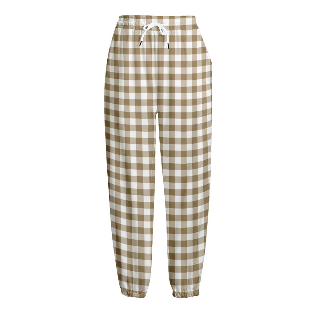 Tan And White Gingham Pattern Print Fleece Lined Knit Pants
