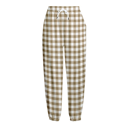 Tan And White Gingham Pattern Print Fleece Lined Knit Pants