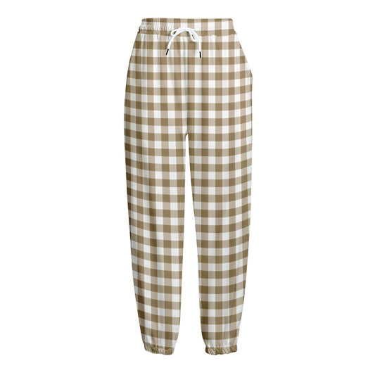 Tan And White Gingham Pattern Print Fleece Lined Knit Pants