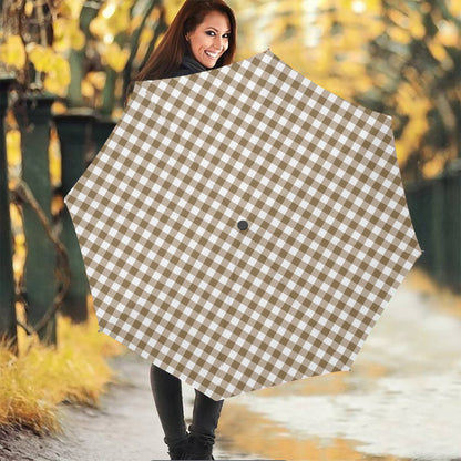 Tan And White Gingham Pattern Print Foldable Umbrella