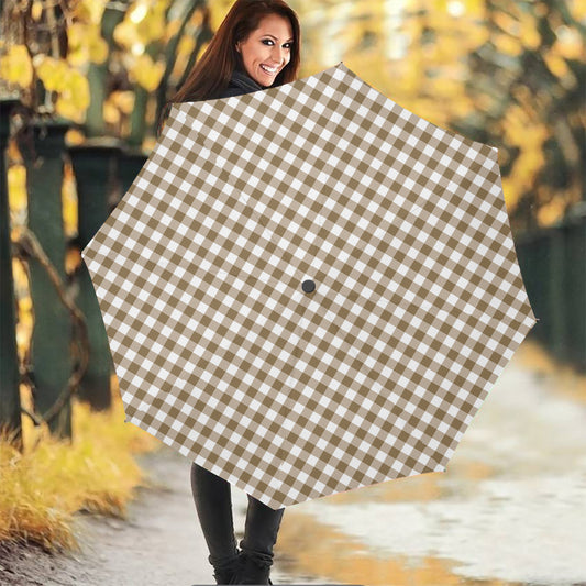 Tan And White Gingham Pattern Print Foldable Umbrella
