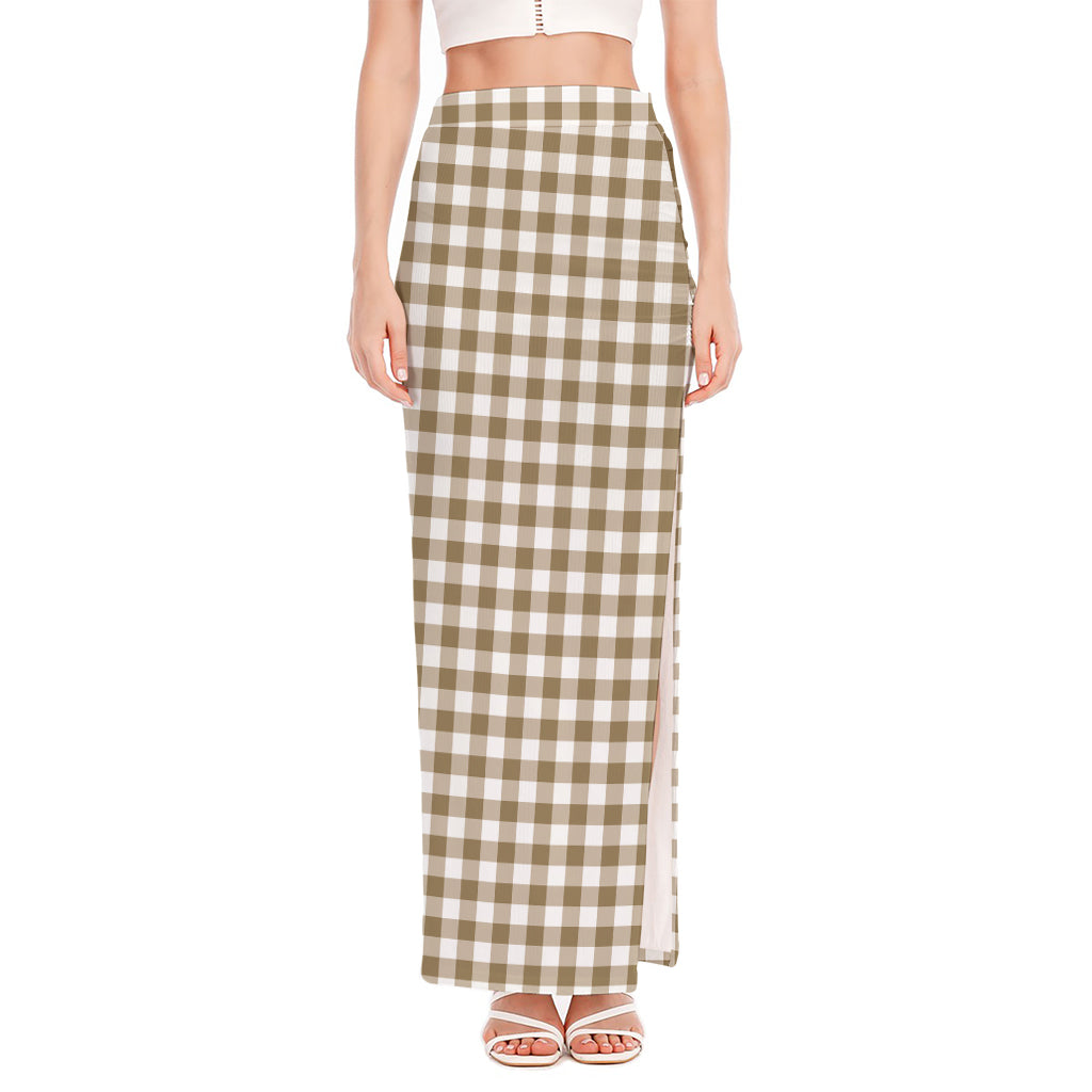 Tan And White Gingham Pattern Print High Slit Maxi Skirt