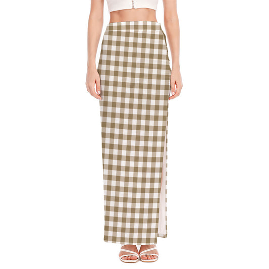 Tan And White Gingham Pattern Print High Slit Maxi Skirt