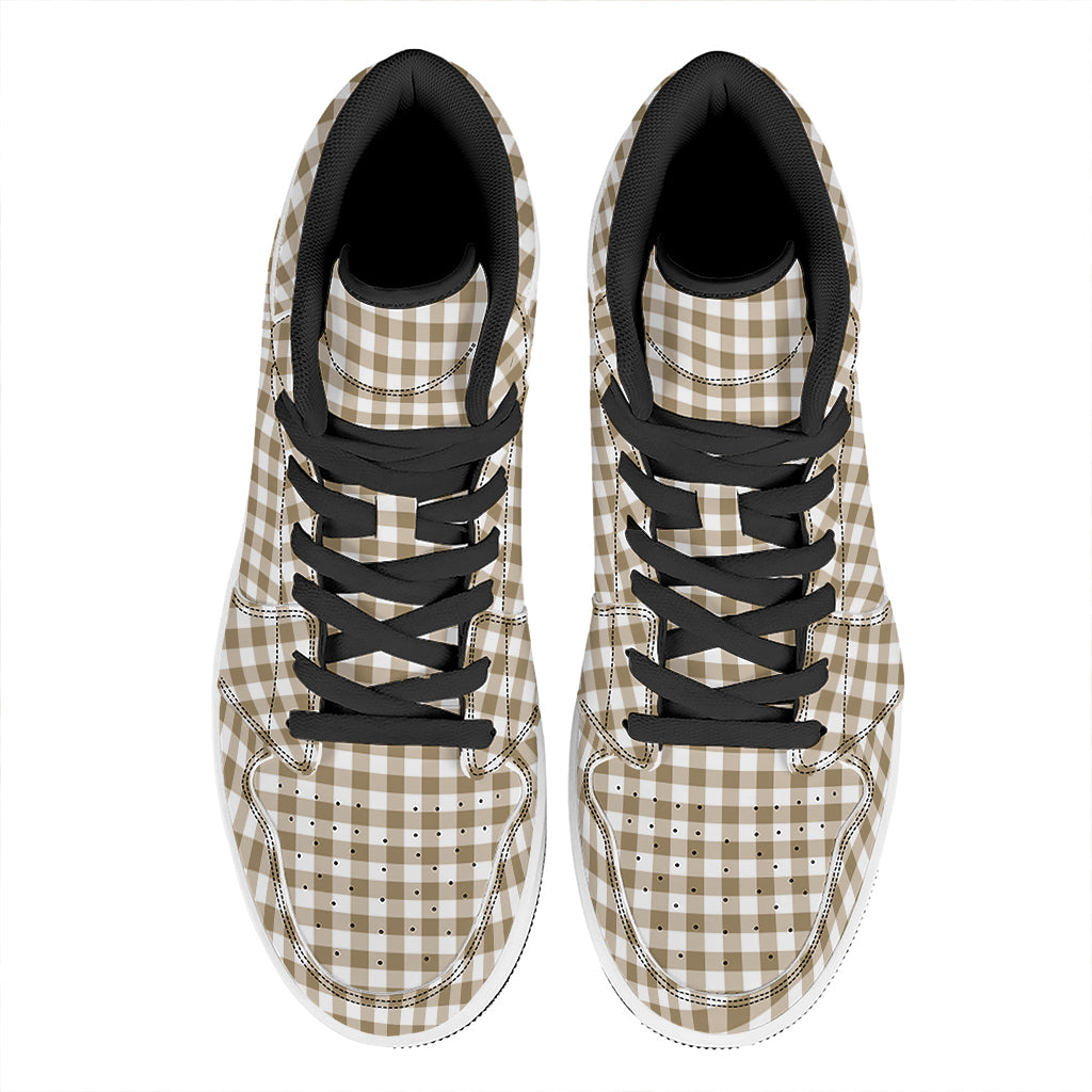 Tan And White Gingham Pattern Print High Top Leather Sneakers