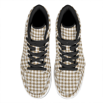Tan And White Gingham Pattern Print High Top Leather Sneakers