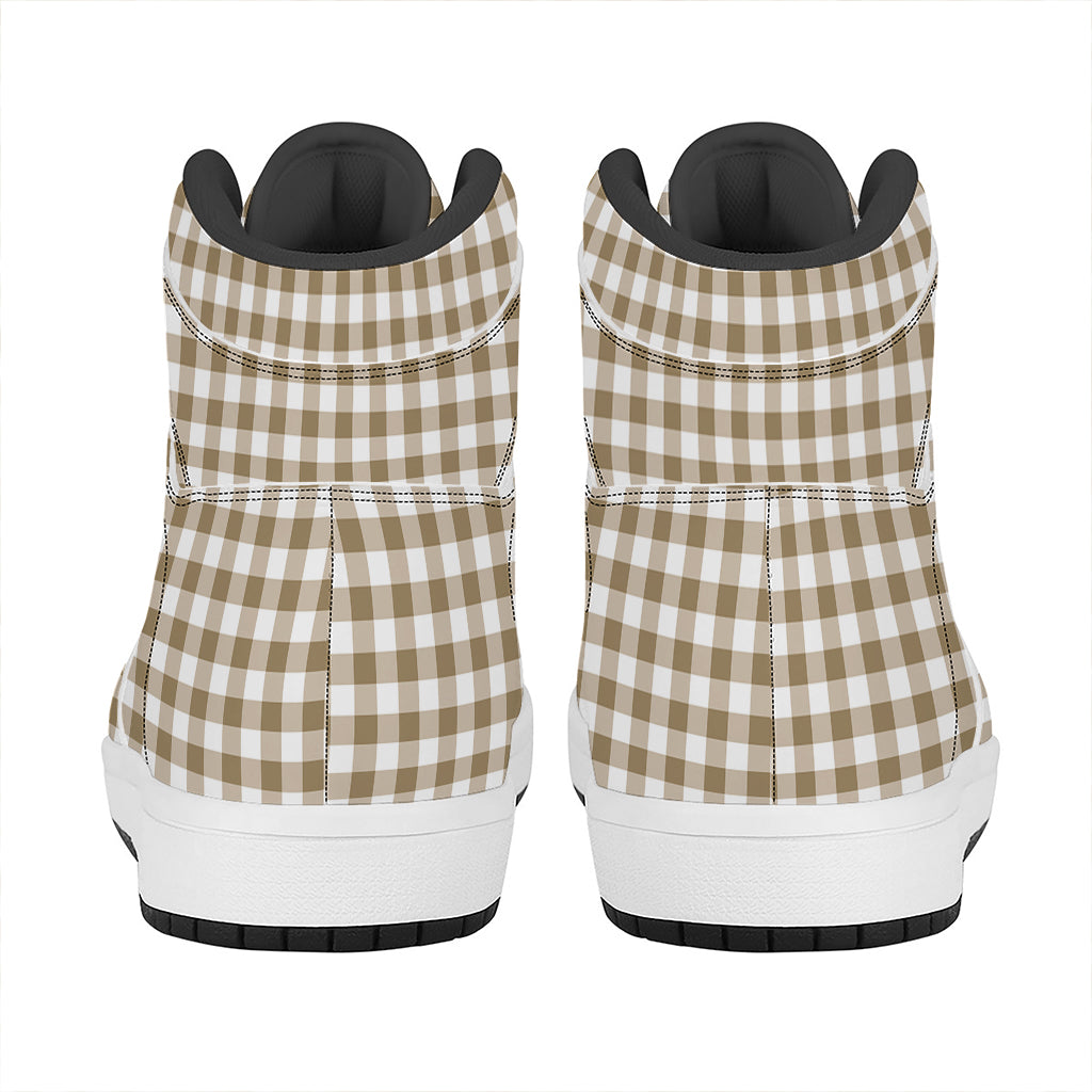 Tan And White Gingham Pattern Print High Top Leather Sneakers