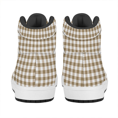 Tan And White Gingham Pattern Print High Top Leather Sneakers