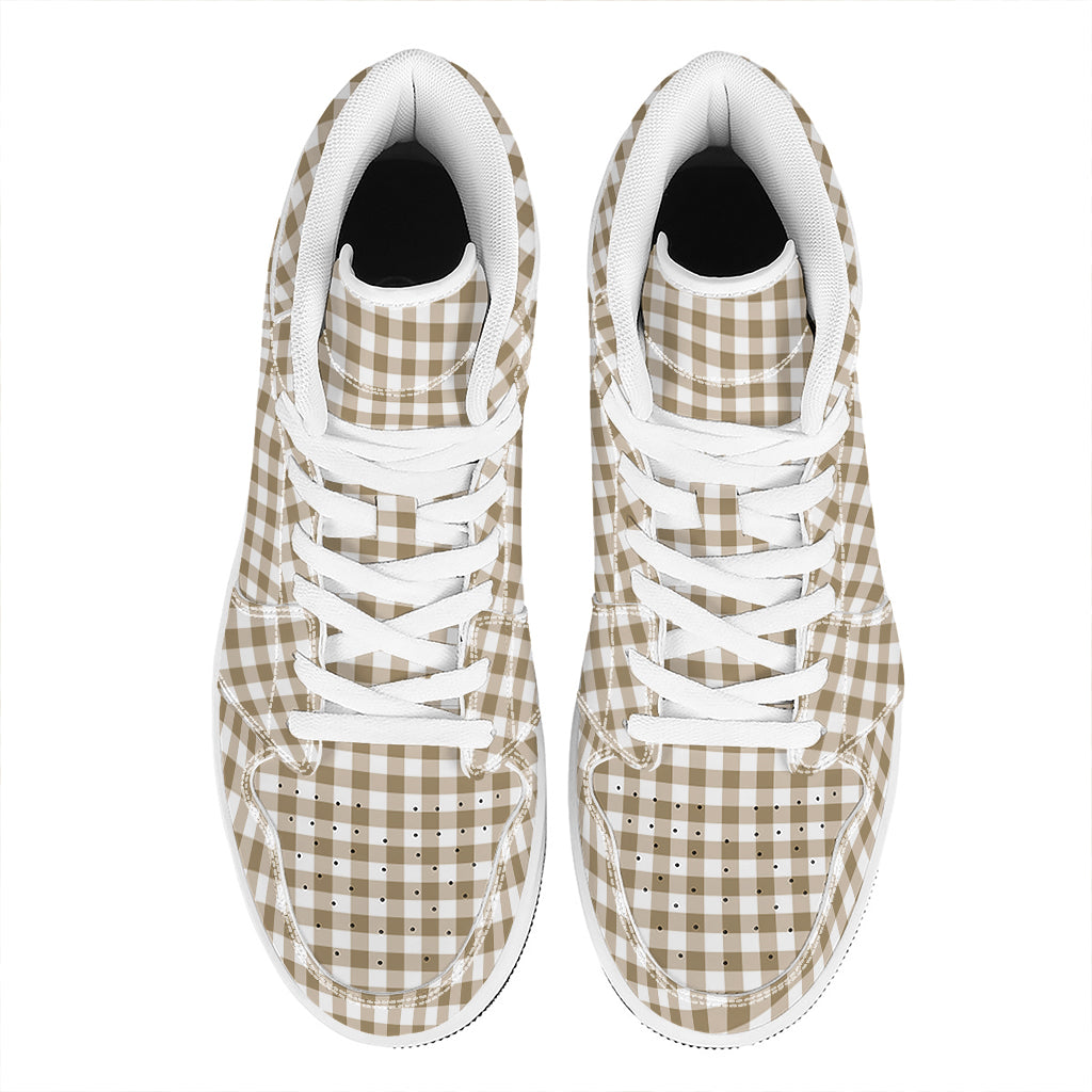 Tan And White Gingham Pattern Print High Top Leather Sneakers