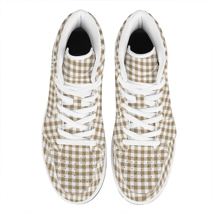 Tan And White Gingham Pattern Print High Top Leather Sneakers