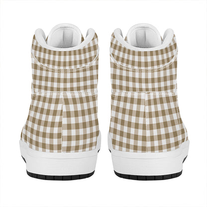 Tan And White Gingham Pattern Print High Top Leather Sneakers