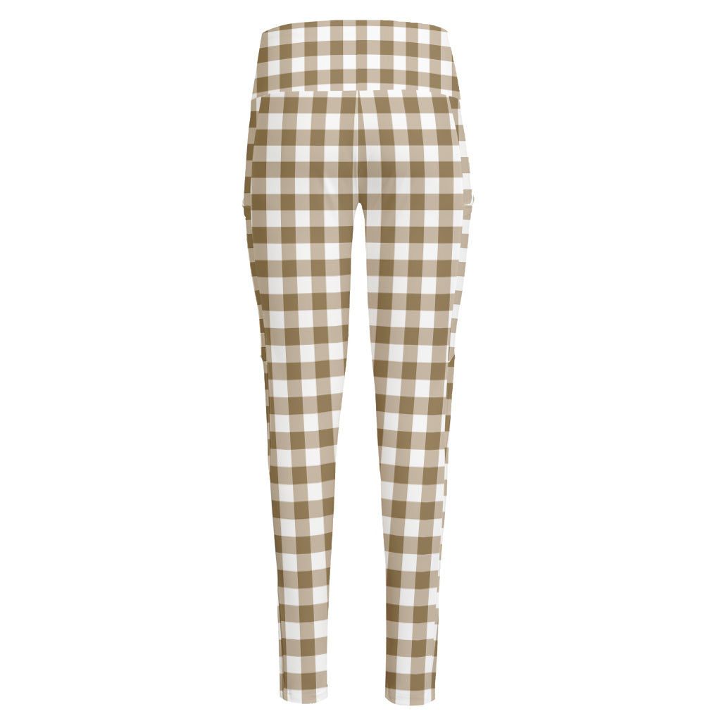 Tan And White Gingham Pattern Print High-Waisted Pocket Leggings