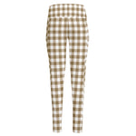 Tan And White Gingham Pattern Print High-Waisted Pocket Leggings