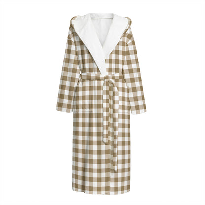 Tan And White Gingham Pattern Print Hooded Bathrobe