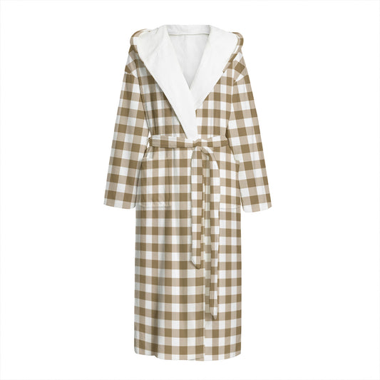Tan And White Gingham Pattern Print Hooded Bathrobe