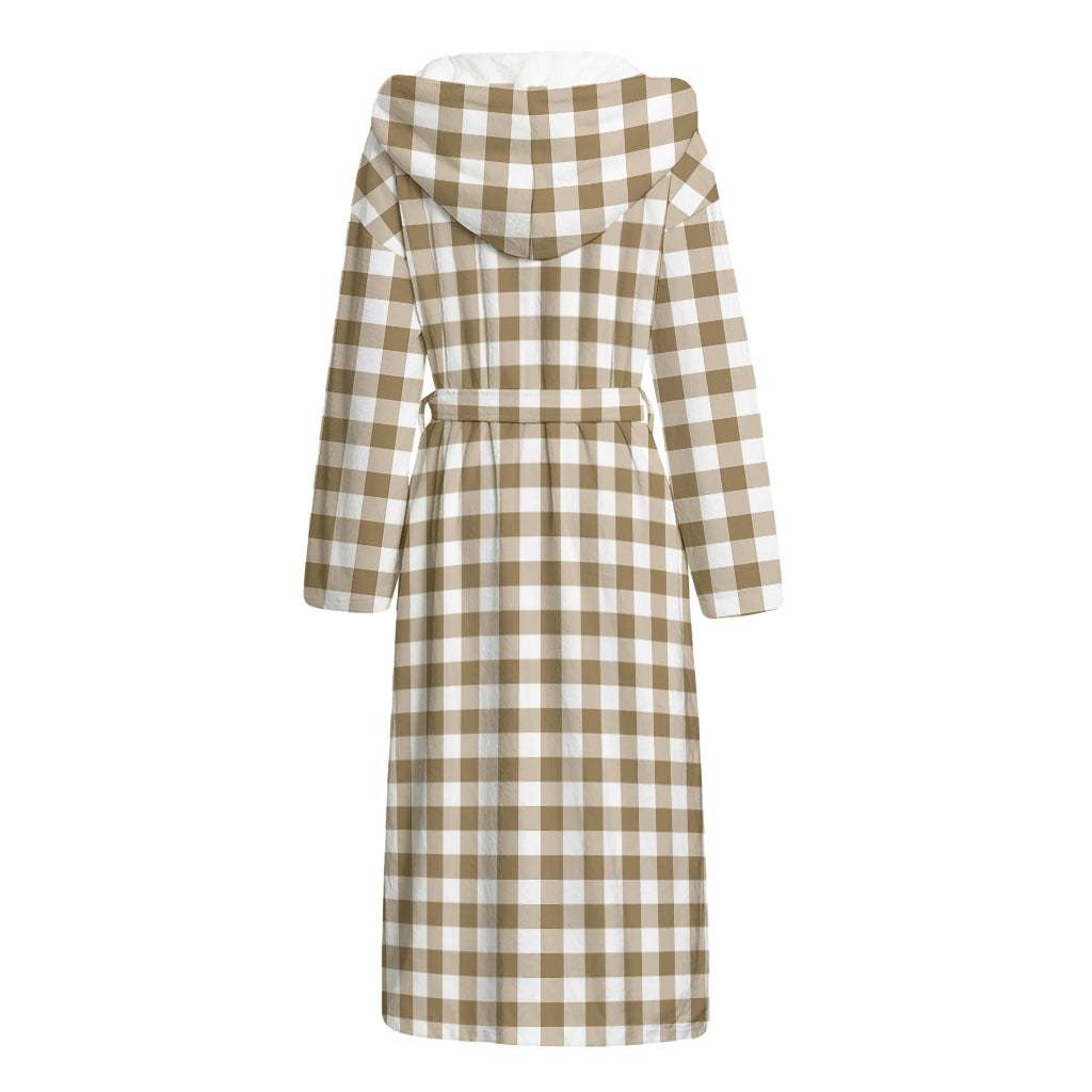 Tan And White Gingham Pattern Print Hooded Bathrobe