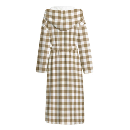 Tan And White Gingham Pattern Print Hooded Bathrobe
