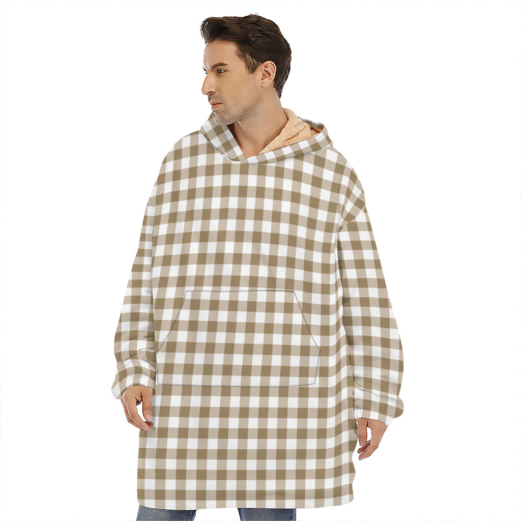 Tan And White Gingham Pattern Print Hoodie Blanket