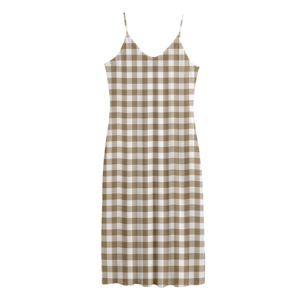 Tan And White Gingham Pattern Print Jersey Midi Cami Dress