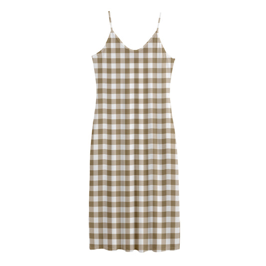Tan And White Gingham Pattern Print Jersey Midi Cami Dress