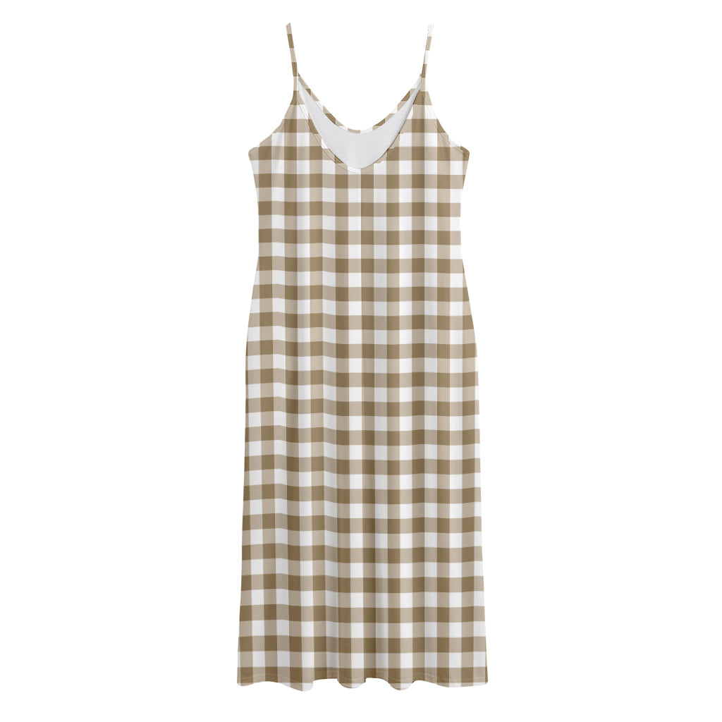 Tan And White Gingham Pattern Print Jersey Midi Cami Dress