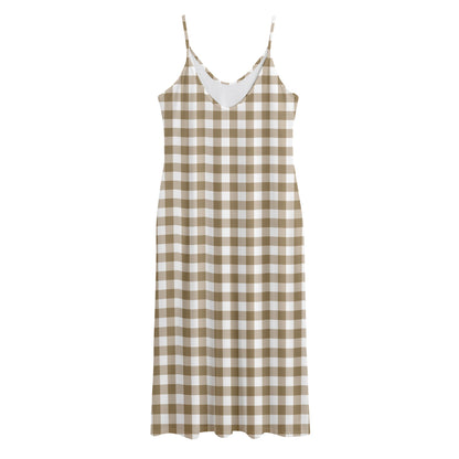 Tan And White Gingham Pattern Print Jersey Midi Cami Dress
