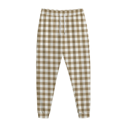 Tan And White Gingham Pattern Print Jogger Pants