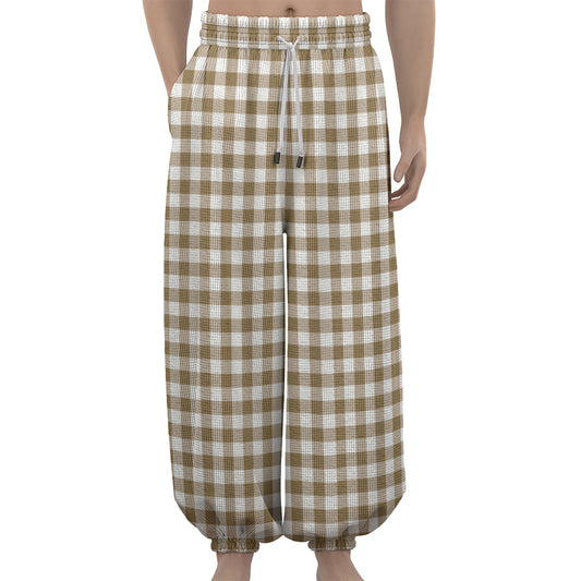 Tan And White Gingham Pattern Print Lantern Pants