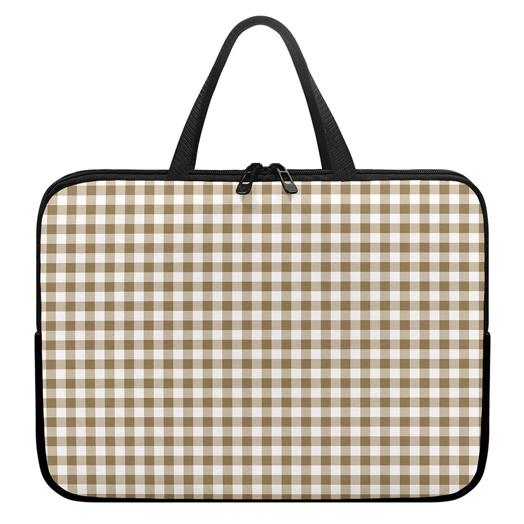 Tan And White Gingham Pattern Print Laptop Sleeve With Handle
