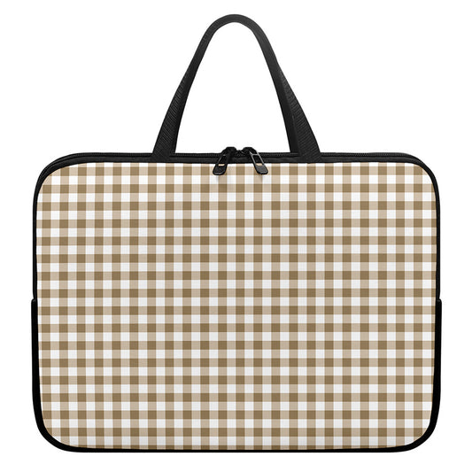Tan And White Gingham Pattern Print Laptop Sleeve With Handle