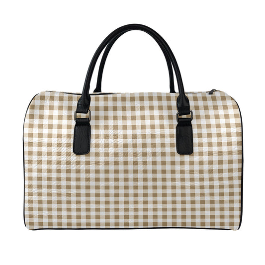 Tan And White Gingham Pattern Print Leather Duffle Bag
