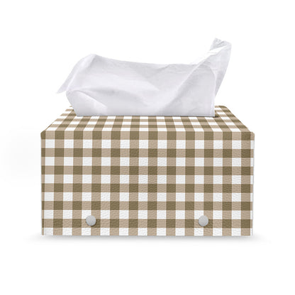 Tan And White Gingham Pattern Print Leather Tissue Box Cover