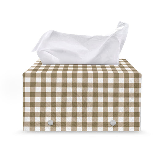 Tan And White Gingham Pattern Print Leather Tissue Box Cover