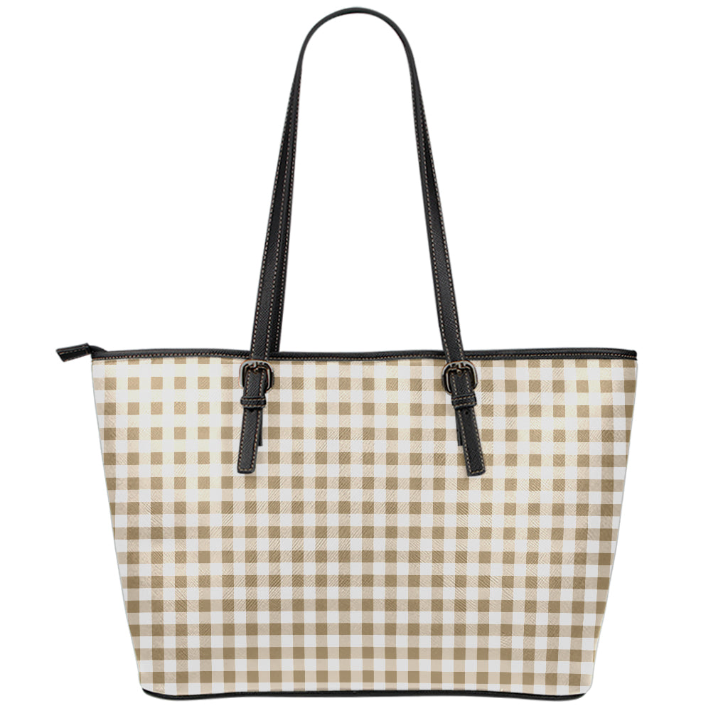 Tan And White Gingham Pattern Print Leather Tote Bag