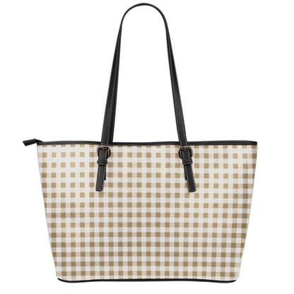 Tan And White Gingham Pattern Print Leather Tote Bag