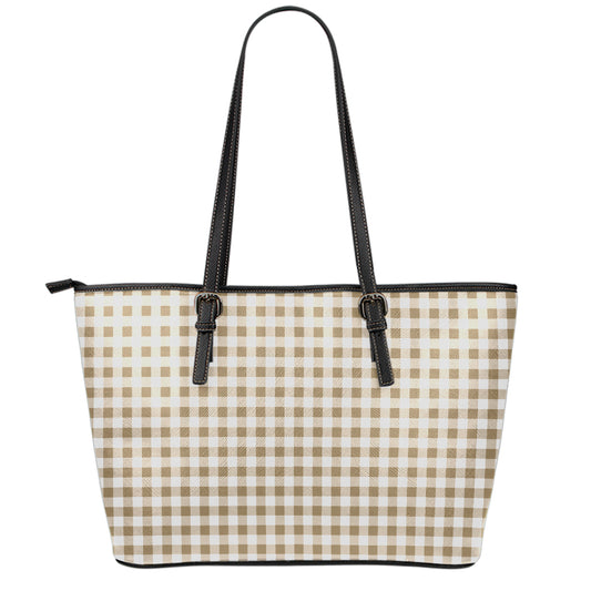 Tan And White Gingham Pattern Print Leather Tote Bag