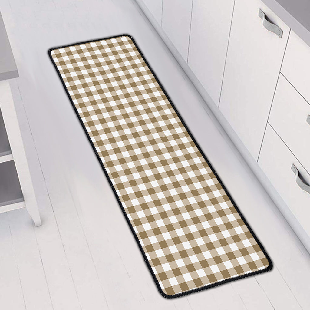 Tan And White Gingham Pattern Print Long Kitchen Mat