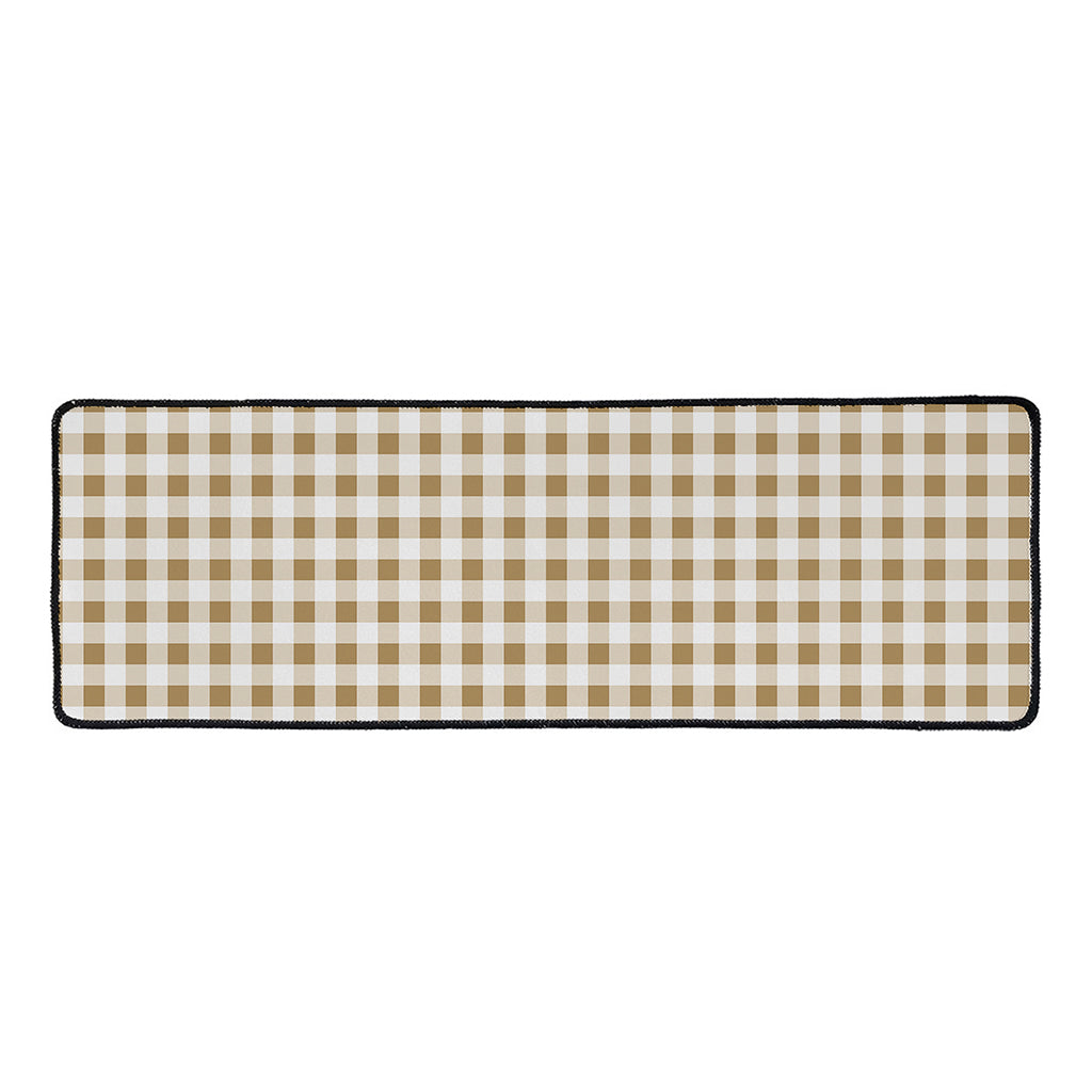 Tan And White Gingham Pattern Print Long Kitchen Mat