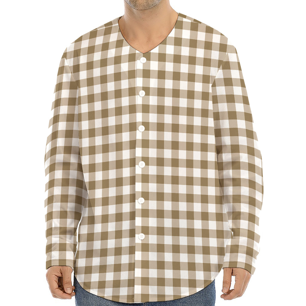 Tan And White Gingham Pattern Print Long Sleeve Baseball Jersey