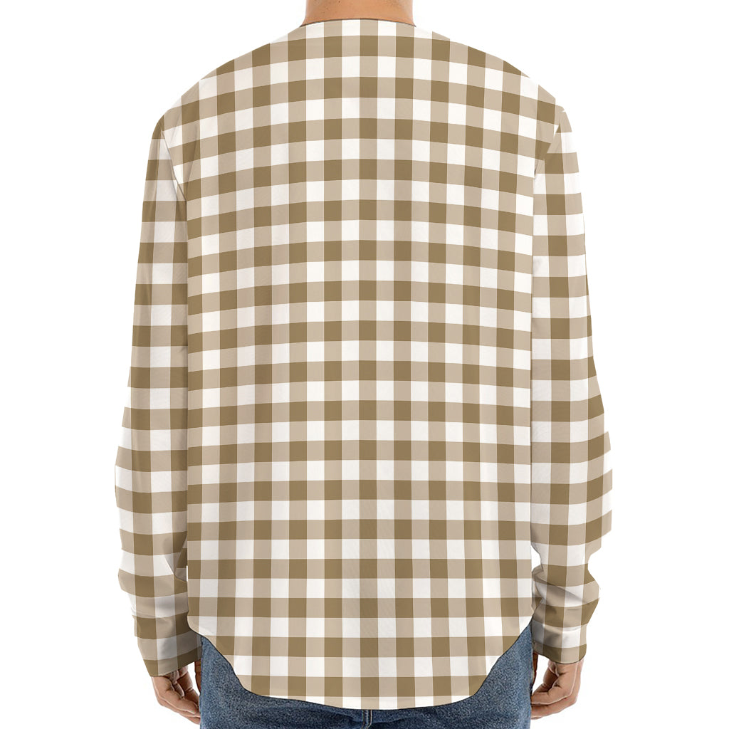 Tan And White Gingham Pattern Print Long Sleeve Baseball Jersey