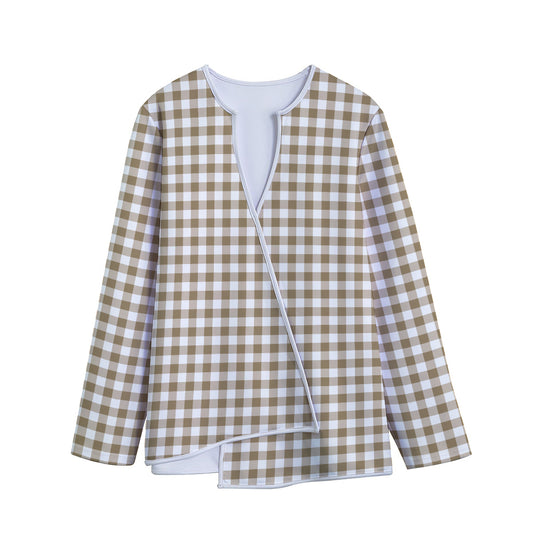 Tan And White Gingham Pattern Print Long Sleeve Short Coat